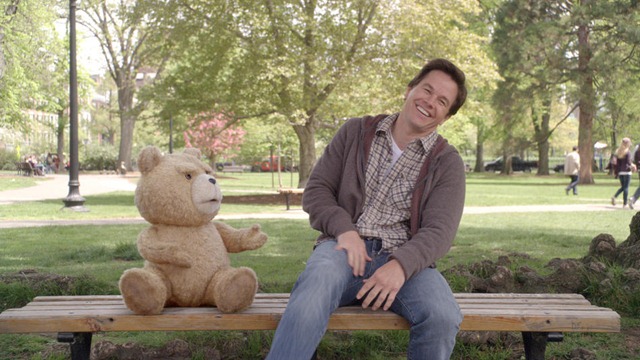 John (MARK WAHLBERG) hangs out with his best friend, Ted (voiced by SETH MACFARLANE), in the live action/CG-animated comedy "Ted".  