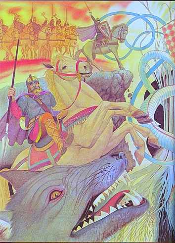 Odin Opposes Fenrir At Ragnarok, Asatru Gods And Heroes