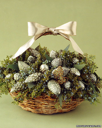 Vintage or new silver ornaments give a table luster. These pinecone-shaped examples are nestled in a basket, clustered among eucalyptus leaves and sprigs of cedar. Vintage or new silver ornaments give a table luster. These pinecone-shaped examples are nestled in a basket, clustered among eucalyptus leaves and sprigs of cedar.