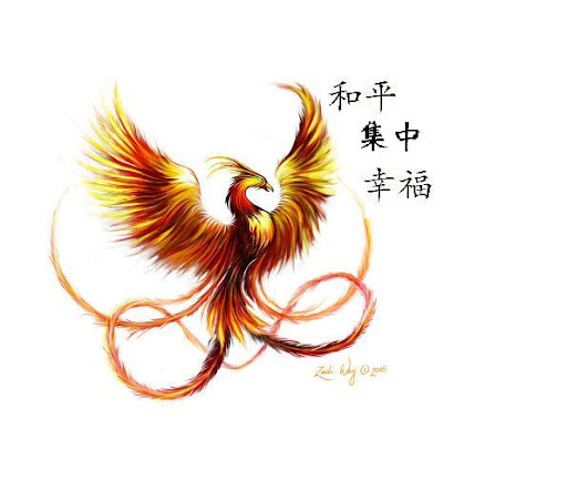 Mock up of Phoenix tattoo Chinese symbols are Peace Focus Happiness
