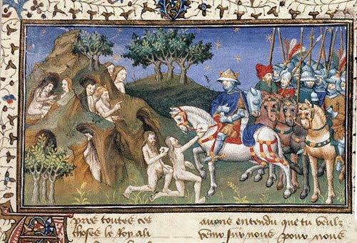 Gymnosofisti re Dindimo e 2 messaggeri con Alessandro (miniatura medievale) Gymnosofisti re Dindimo e 2 messaggeri con Alessandro (miniatura medievale)