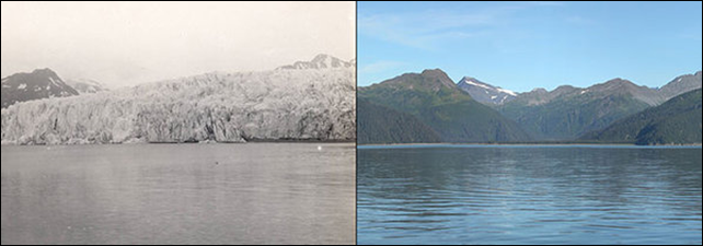 McCarty Glacier, Alaska. Left: 30 July 1909. Right: 11 August 2004. Rights information: Glacier Photograph Collection, National Snow and Ice Data Center/World Data Center for Glaciology. 1909 picture taken by Ulysses Sherman Grant. 2004 picture taken by Bruce F. Molnia.