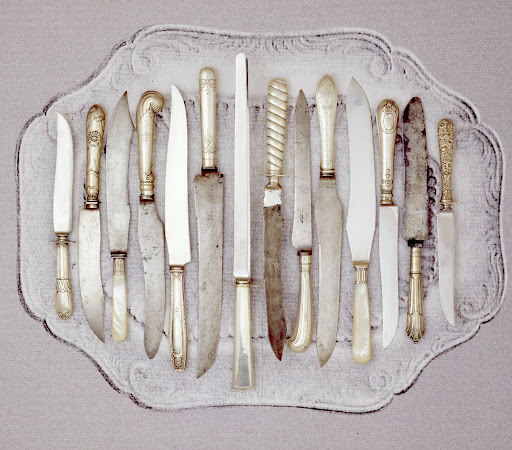 Blades come in a variety of shapes and metals. The multitude of designs -- from the dashingly pointed saber blades (second and third from left) to the subtly curved scimitar blade (fourth from left) -- is less about utility than whatever was fashionable at the time. Blades come in a variety of shapes and metals. The multitude of designs -- from the dashingly pointed saber blades (second and third from left) to the subtly curved scimitar blade (fourth from left) -- is less about utility than whatever was fashionable at the time.