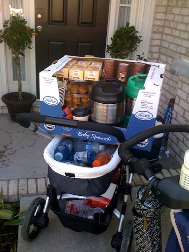 Luke's baby carriage all loaded for breakfast