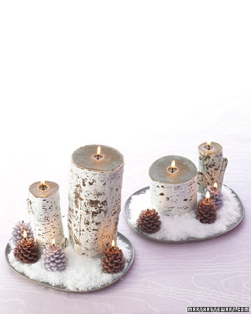 Birch-log and pincone candles sit atop a plate of faux snow -- I can't help but wonder if it will snow before Thanksgiving this year! Birch-log and pincone candles sit atop a plate of faux snow -- I can't help but wonder if it will snow before Thanksgiving this year!