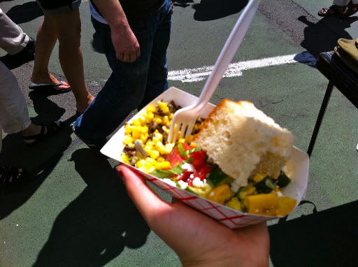 The girls' lunch at the market consisted of this corn, tomato, and zucchini salad, and an Asian-spiced hot dog. All ingredients were fresh and local.