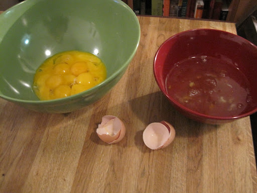 1. separate the eggs- you'll use the yolks. save the whites for a frittata or souffle (if you're feeling fancy)- they can be frozen too.