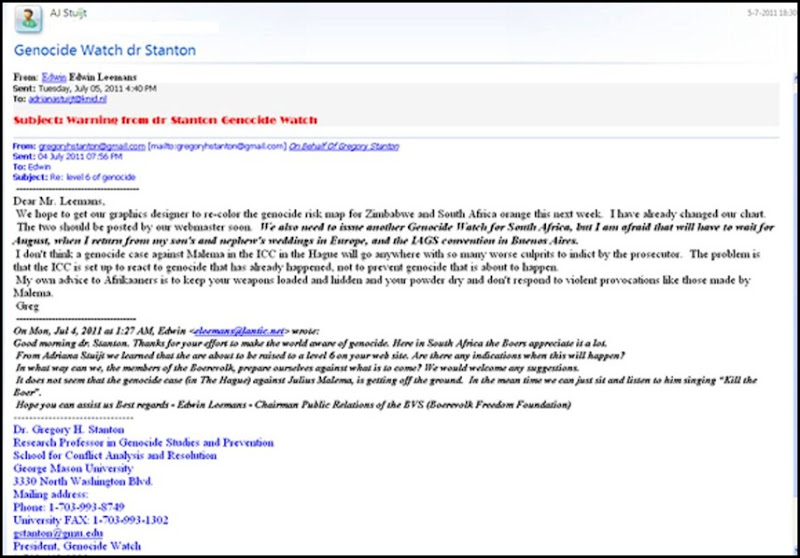 GENOCIDE WATCH JULY52011 ADVICE STANTON TO AFRIKANERS