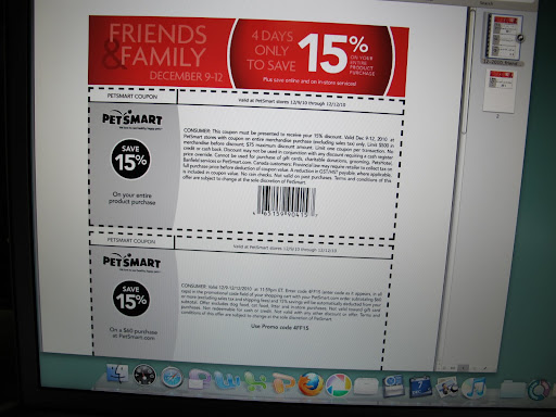 It's from Petsmart and it says that if I print this coupon out, I can bring it to PetSmart and get 15% off my ENTIRE purchase!