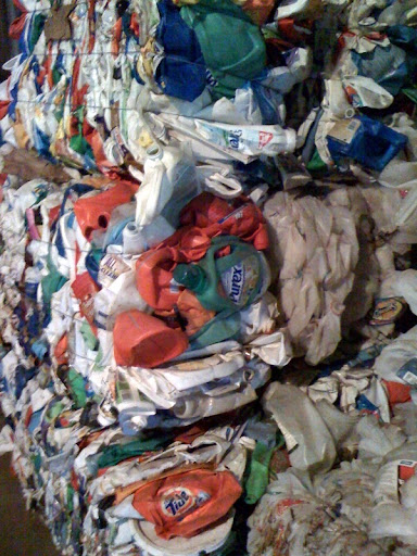 Bails of plastic containers that will be recycled.