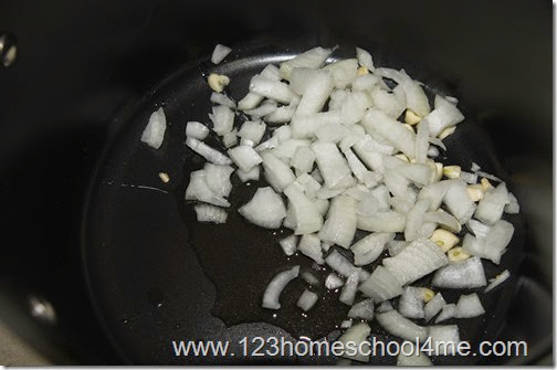 Sautee onion and garlic in olive oil Sautee onion and garlic in olive oil