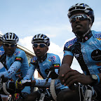 Three of the Ethiopian riders on Marco Polo Cycling Donckers Koffie, Binyam Bekele, Alem Abebe and Estifanos Gebresilassie at the startline in Europe. (photo: Remko Kramer)