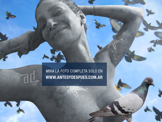 La foto Hot de Silvina Escudero convertida en estatua, visitada por las palomas. Foto Hot Polemica Escandalosa Silvina Escudero estatua caca de paloma