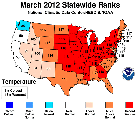 Temperature Ranks for U.S. States, March 2012. NCDC / NESDIS / NOAA