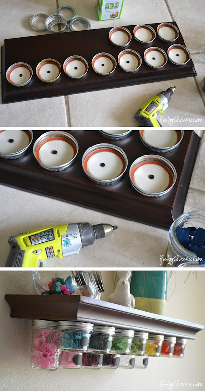 Mason Jar Storage Shelf Tutorial by Poofy Cheeks