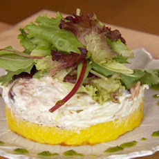 Grilled Orange Polenta topped with Crabmeat Salad and Herb Oil