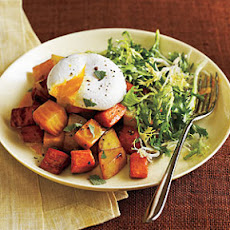 Two Potato and Beet Hash with Poached Eggs and Greens