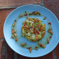 Shredded Raw Brussels Sprouts Salad with Red Peppercorns and Honey Mustard Vinaigrette