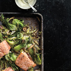 Wasabi Salmon with Bok Choy, Green Cabbage, and Shiitakes
