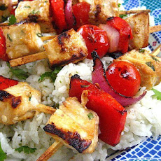 Tamari Citrus Marinated Swordfish Kabobs with Tomatoes, Onions and Peppers