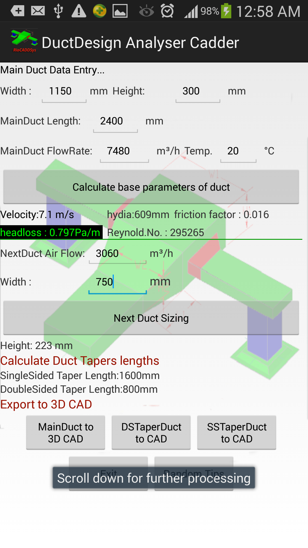 Android application Duct Design W 3D CAD Dxf O/P screenshort