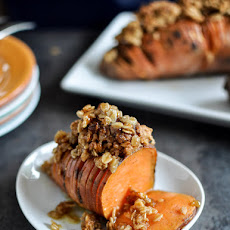 Cinnamon Sugar Hasselback Sweet Potatoes with Oatmeal Cookie Crumble