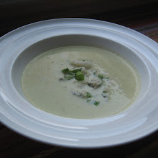Celery Soup with celery leaf, asian pear and blue cheese relish.