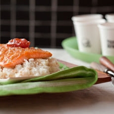 Scottish Salmon with Shallot-Truffle Honey Glaze, Lump Crab and Green Apple Risotto, and Quince Jam