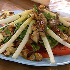 Salad of Warm White Asparagus, Baby Arugula and Beefsteak Tomatoes with a Porcini Dressing