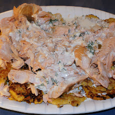 Poached Salmon in Light Basil Sauce over Butternut Squash Latkes