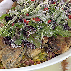 Pan-Fried Cornmeal Crusted Trout with Succotash and Mixed Baby Greens with a Buttermilk and Lemon Dressing
