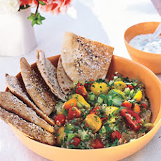 Roasted Eggplant Salad with Pita Chips and Yogurt Sauce