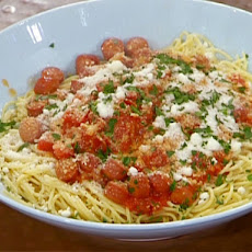 Spaghetti with Tomatoes, Hot Dogs and Parsley