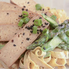 Sichuan Peppercorn Tahini Yuba With Shaved Asparagus & Fire Roasted Red Peppers
