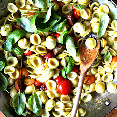 Orecchiette with Sautéed Cherry Tomatoes, Mozzarella and Basil Pesto
