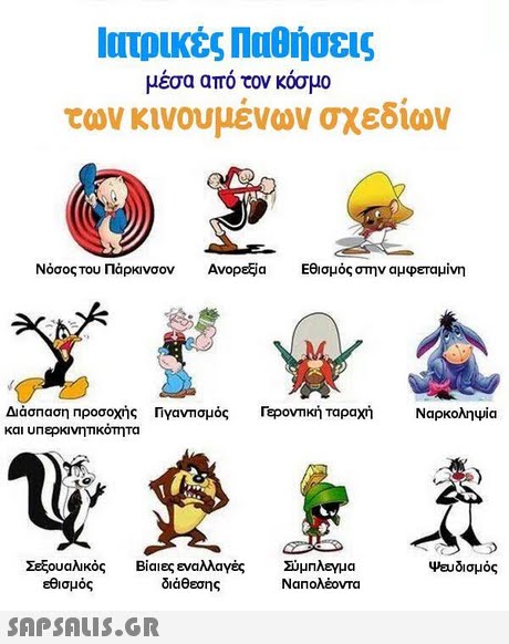 ιατρικές Παθήσεις μέσα από τον κόσμο των κινουμένων σχεδίων ΝόσοςΤου Πάρκινσον Avopeya Εθισμός στην αμφεταμίνη Διάσπαση προσοχής Πγανπσμός rp0VT κή Ταραχή Ναρκολη4ia ψευδισμός Σεξουαλικός Βίαιες εναλλαγές Σύμπλεγμα διάθεσης εθισμός Ναπολέοντα 