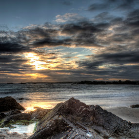 Break In The Clouds by Martin Thomas - Landscape & Nature Waterscapes ( clouds, water, sand, sky, sunset, sea, ocean, beach, rocks, dusk, sun )