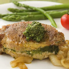 Pesto-Stuffed Pork Chops with Caramelized Onions