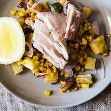 Poached Tuna with Warm Squash, Corn, and Potato Salad