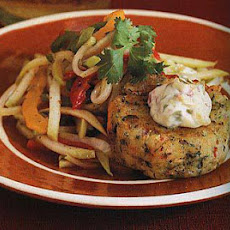 Shrimp and Sweet Potato Cakes with Chayote Slaw and Chipotle Sauce