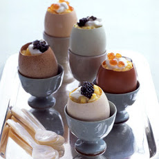 Scrambled Eggs with Creme Fraiche and Caviar in Eggshell Cups