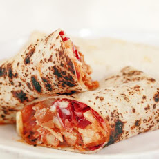 Tequila-Orange BBQ Chicken Burritos with Sharp Cheddar, Baked Beans and Red Cabbage