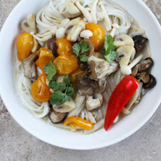 Sauteed Spring Mushrooms, Chiles + Cilantro in Caramelized Coconut Broth