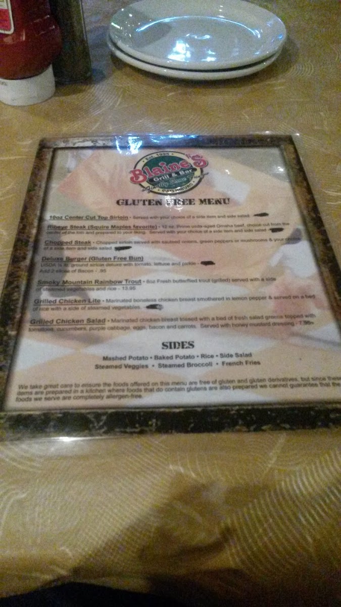 GF menu as of 8/10/2014. We were told they were in the process of changing the GF menu