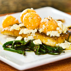 Pan Roasted Red Snapper With Grilled Onions, Sweet Melon And Feta Salad
