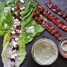 Simple Romaine Salad, with Greek Yogurt Ranch Dressing, Candied Bacon, and Feta