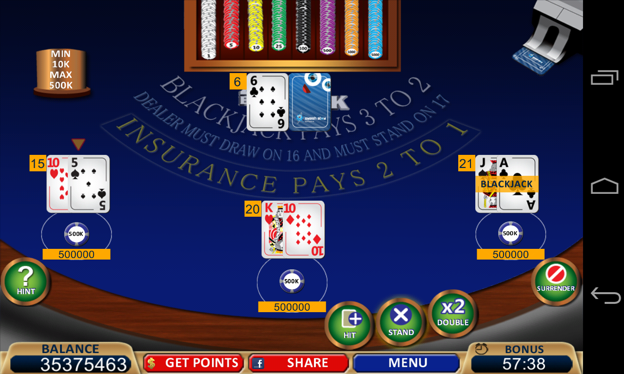 Android application Blackjack 21+ Casino Card Game screenshort