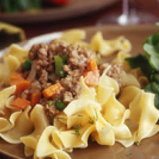 Ground Sirloin Stew with Dill Egg Noodles and Spinach Salad