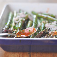 Slightly Spicy Asparagus with Warm Anchovy Shallot Citrus Vinaigrette
