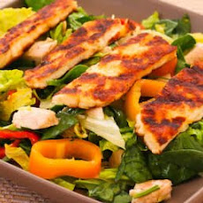 Grilled Halloumi Salad with Rotisserie Chicken, Mini Peppers, and Lemon